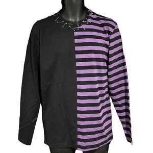 Custom Distressed Purple & Black Striped Split Long Sleeve Shirt Men’s Medium